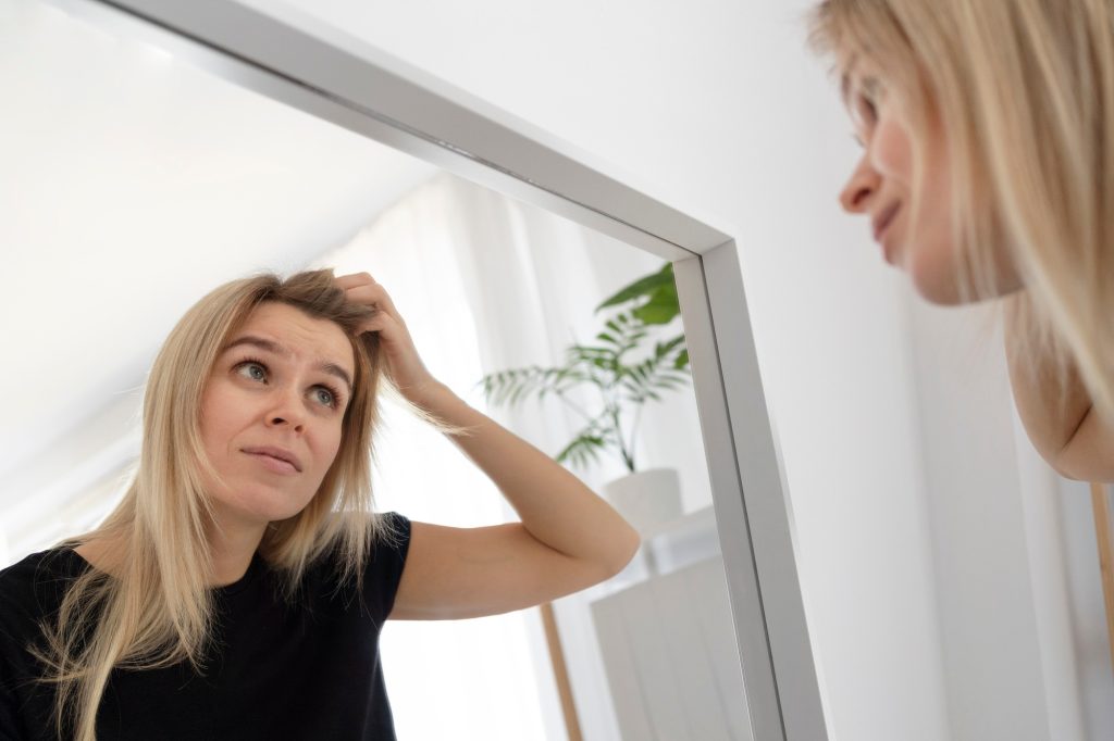 woman looking for dandruff in mirror